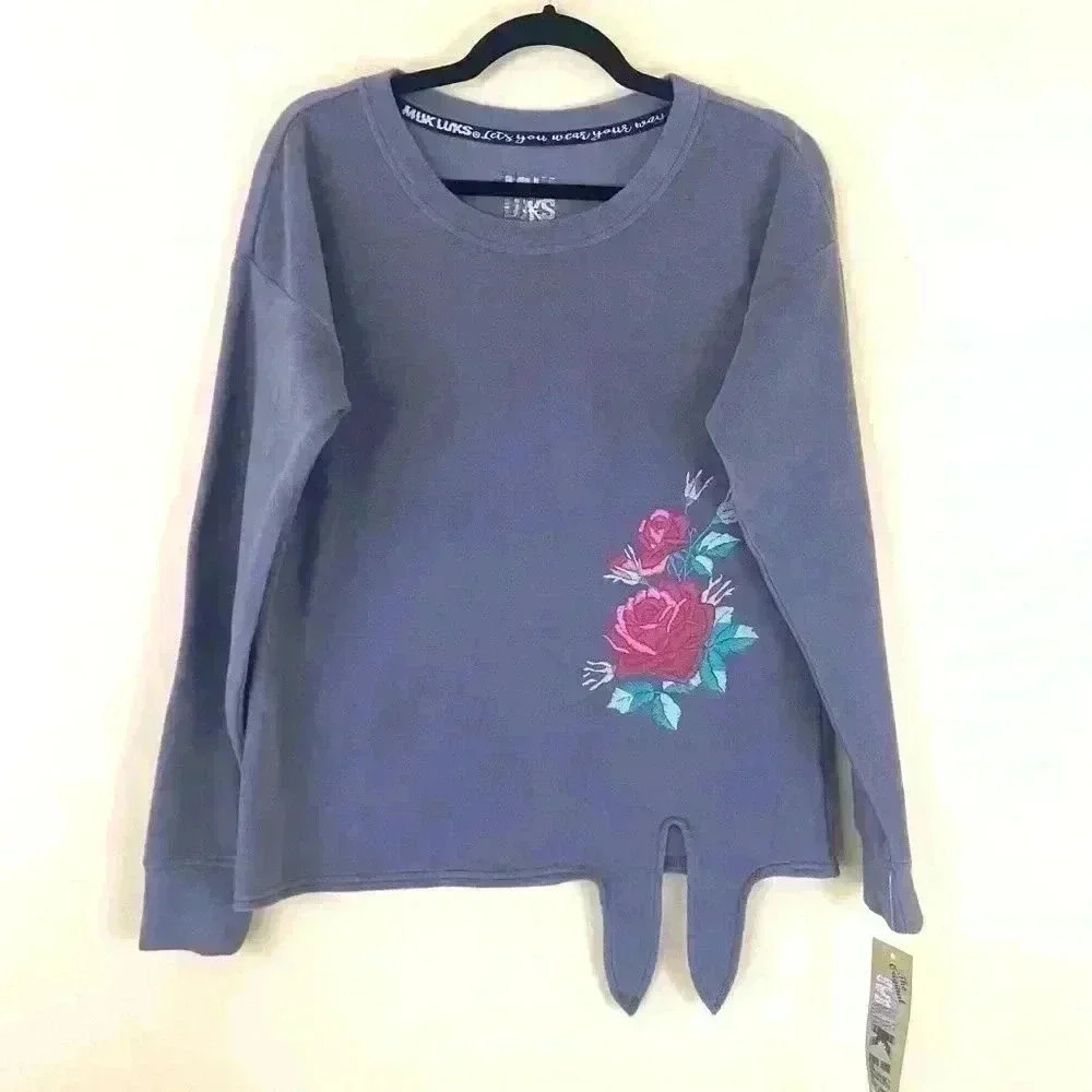 NWT MukLuk Gray Floral Tie Front Waist Fleece Sweatshirt Size M
